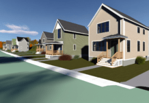 3D Printed Homes Proposed as Housing Solution in Rochester, NH High-resolution realistic photograph of a 3D printed home prototype in a suburban neighborhood in Rochester, New Hampshire, captured in natural daylight. Avoid futuristic or stylized elements.