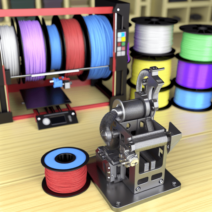 High-resolution realistic photograph of a DIY 3D printer filament speed loader in use, mounted near a 3D printer, with various filament spools in the background. Avoid futuristic or stylized elements.