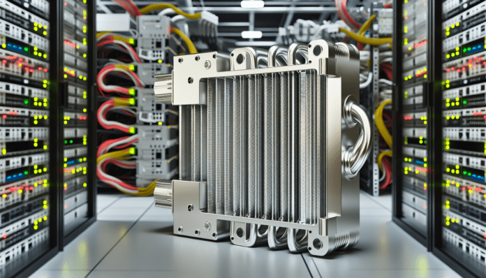 High-resolution realistic photograph of aluminum heat exchanger component produced by Alloy Enterprises' 3D printing process, placed in a data center environment, matching the look of existing press images about the same technology. Avoid futuristic or stylized elements.