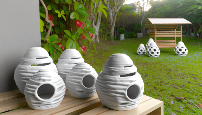High-resolution realistic photograph of 3D printed ceramic insect homes placed in a natural garden or urban park setting, photographed in a real environment, matching the look of existing press images about the same project. Avoid futuristic or stylized elements.