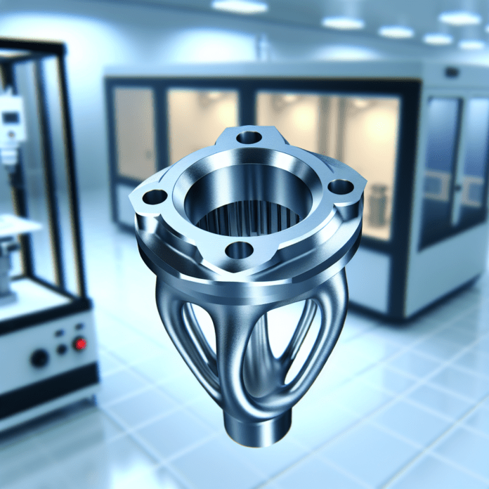 High-resolution realistic photograph of a titanium aerospace or medical component produced using advanced 3D printing, photographed in a manufacturing lab or industrial setting. Avoid futuristic or stylized elements.