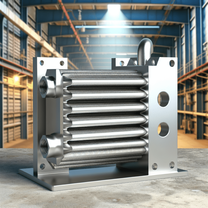 High-resolution realistic photograph of a compact 3D-printed metal heat exchanger used in energy systems, photographed in a real industrial environment, matching the look of existing press images about the same product. Avoid futuristic or stylized elements.