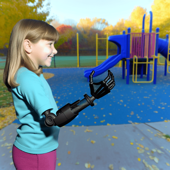 High-resolution realistic photograph of a child using a 3D printed prosthetic arm in a school or playground setting, photographed in a real environment, matching the look of existing press images about pediatric prosthetics. Avoid futuristic or stylized elements.