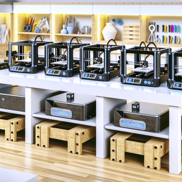 High-resolution realistic photograph of the Bambu Lab X1-Carbon, Prusa MK4, and other top 3D printers of 2025, arranged on a workbench in a well-lit maker space. Avoid futuristic or stylized elements.