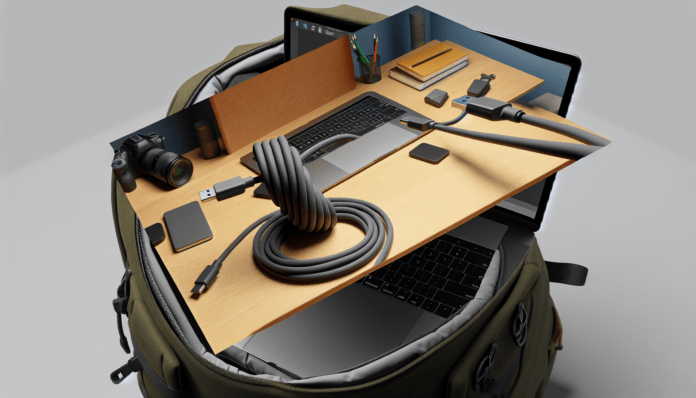 High-resolution realistic photograph of a 3D-printed cable winder in use inside a backpack, showing neatly coiled USB-C cables. Photographed in a real environment, such as a desk or travel setup. Avoid futuristic or stylized elements.