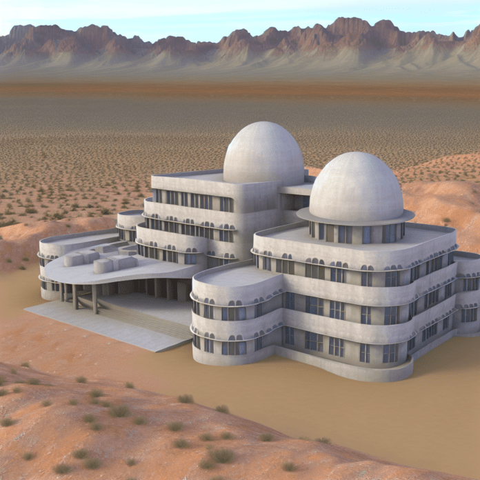 High-resolution realistic photograph of a 3D-printed hotel structure in a Texas desert environment, showing smooth concrete curves and domed architecture, photographed in natural daylight with minimal stylization.