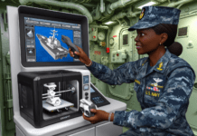 U.S. Navy Tests On-Demand 3D Printing for Ship Repairs During Training Exercise High-resolution realistic photograph of a U.S. Navy officer operating a 3D printer aboard a naval vessel or at the Naval Postgraduate School during a training exercise. The environment should depict real-world conditions, such as a ship's interior or a military lab, with visible printed components and diagnostic equipment. Avoid futuristic or stylized elements.