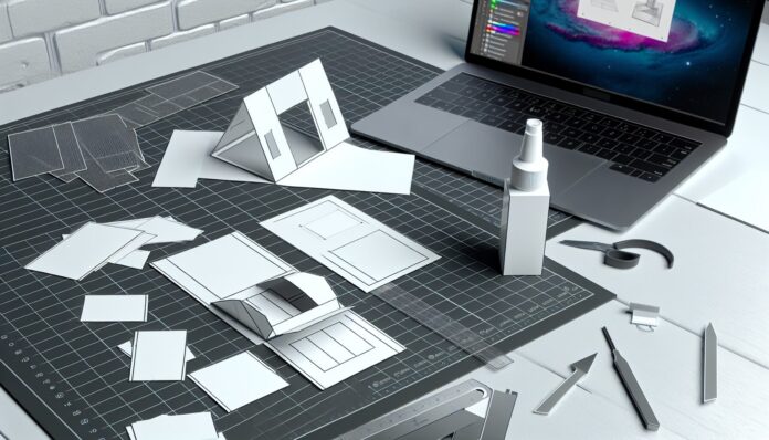 High-resolution realistic photograph of a paper model prototype assembled from printed templates, placed on a designer’s desk with cutting tools, glue, and a laptop showing a 3D model. Avoid futuristic or stylized elements.