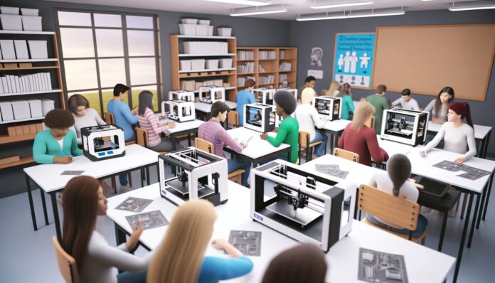 3D Printing Brings Classroom Innovation to the Global Stage High-resolution realistic photograph of students using 3D printers in a classroom setting, showcasing prototypes like assistive devices or environmental tools, photographed in a real educational environment. Avoid futuristic or stylized elements.