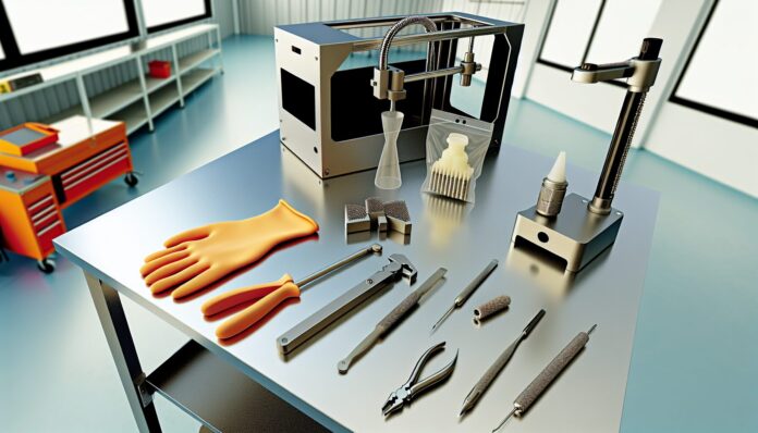 High-resolution realistic photograph of essential 3D printing tools including a spatula, calipers, nozzle cleaning kit, and safety gloves, arranged on a workbench in a well-lit workshop. Avoid futuristic or stylized elements.
