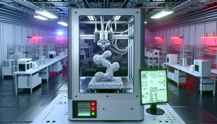 Adaptive 3D Printing Breakthrough Mimics Natural Growth Patterns High-resolution realistic photograph of an adaptive 3D printer in action, printing a complex organic-shaped structure in a lab environment, with visible sensors and feedback systems. Avoid futuristic or stylized elements.