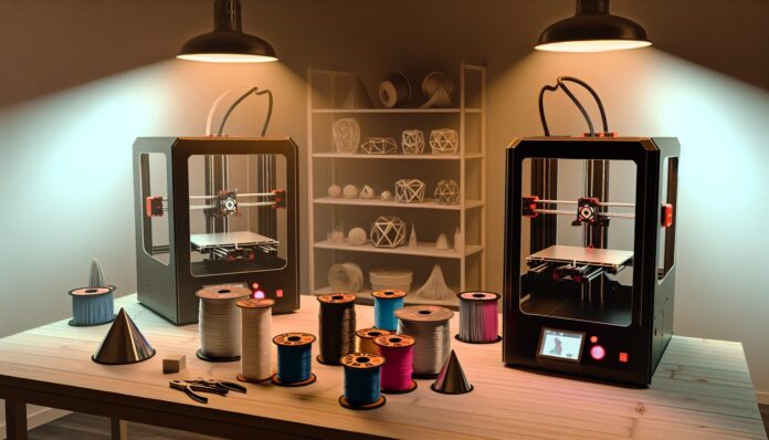 Best 3D Printer Deals Still Live After Prime Day 2024 High-resolution realistic photograph of a Creality K1 and Anycubic Kobra 2 Neo 3D printer on a workbench in a well-lit home workshop, with filament spools and printed models nearby. Avoid futuristic or stylized elements.