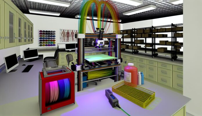 CU Boulder Researchers Develop Open-Source Software for Multi-Material 3D Printing High-resolution realistic photograph of a multi-material 3D printer in a university lab setting, showing the printer in action with different colored filaments being extruded. Avoid futuristic or stylized elements.
