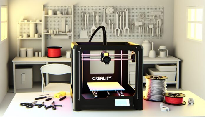 High-resolution realistic photograph of the Creality Ender 3 V3 SE 3D printer on a desk in a home workshop or maker space, with tools and filament spools in the background. Avoid futuristic or stylized elements.