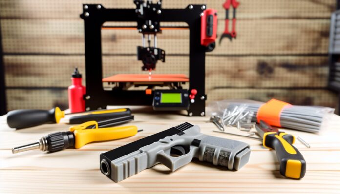 Gun Safety Advocates Warn of Surge in Untraceable 3D-Printed Weapons High-resolution realistic photograph of a 3D-printed firearm on a workbench in a garage or home workshop, with tools and a 3D printer in the background. Avoid futuristic or stylized elements.