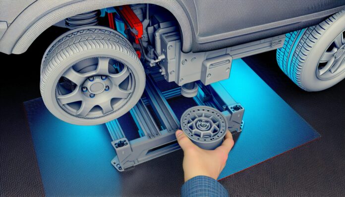 High-resolution realistic photograph of a 3D-printed car part being installed in a vehicle, printed using a budget 3D printer like the Anycubic Kobra 2, photographed in a real garage or workshop environment. Avoid futuristic or stylized elements.