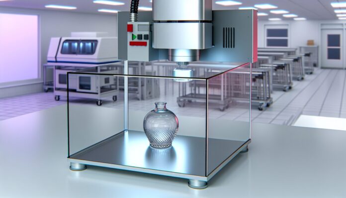High-resolution realistic photograph of a transparent glass object being 3D printed using a laser-based system in a laboratory setting, photographed in a real environment, matching the look of existing press images about the same breakthrough. Avoid futuristic or stylized elements.