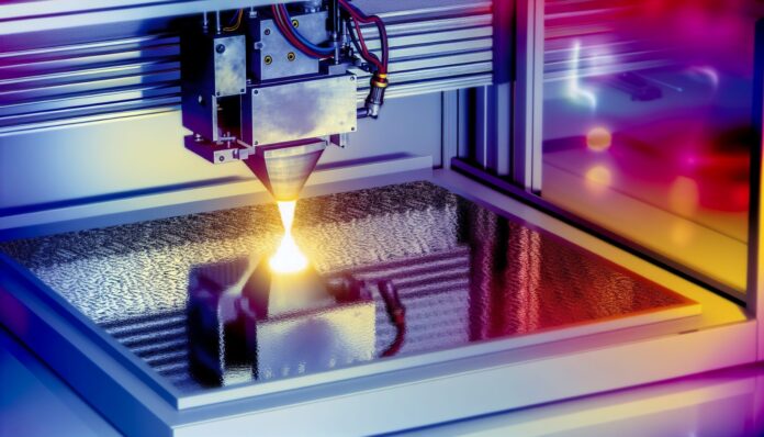 High-resolution realistic photograph of a metal 3D printer in operation, showing a laser melting metal powder with visible reflections in the melt pool, photographed in a real lab environment, matching the look of existing press images about the same topic. Avoid futuristic or stylized elements.