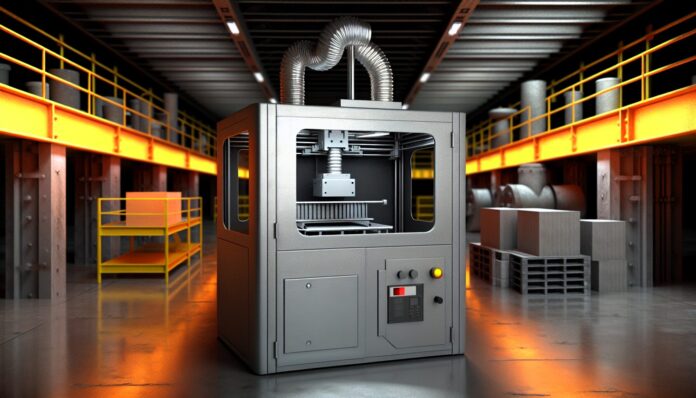Metal 3D Printing Set to Scale Up with New Chamber Airflow Technology High-resolution realistic photograph of a metal 3D printer with visible chamber airflow system in an industrial setting, photographed in a real environment, matching the look of existing press images about the same technology. Avoid futuristic or stylized elements.