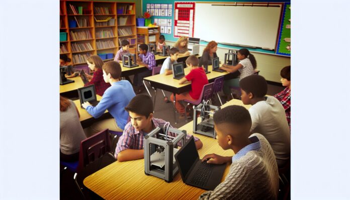 High-resolution realistic photograph of a student-led 3D printing workshop in a classroom at a Lahaina elementary school, with children using 3D printers and laptops, in a real educational environment. Avoid futuristic or stylized elements.