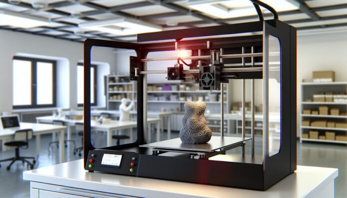 High-resolution realistic photograph of a desktop 3D printer in action, printing a multi-material object with visible color or texture differences, in a well-lit lab or workshop environment. Avoid futuristic or stylized elements.