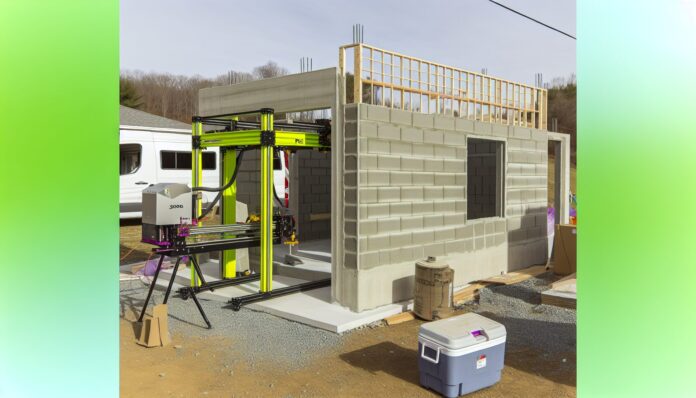 Pennsylvania’s First 3D Printed Home Breaks Ground in Centre County High-resolution realistic photograph of Pennsylvania’s first 3D printed home under construction in Centre County, showing the 3D printer and concrete walls in progress, photographed in a real environment, matching the look of existing press images about the same project. Avoid futuristic or stylized elements.