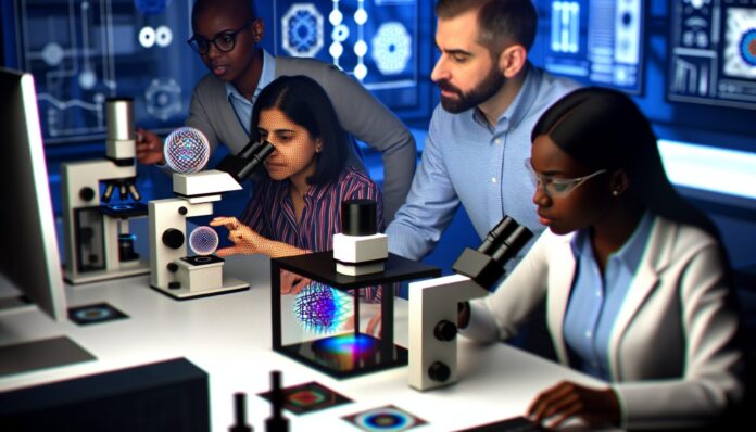 Researchers Explore Photonic Systems for Next-Gen 3D Printed Optics High-resolution realistic photograph of researchers working with 3D printed optical components and photonic systems in a laboratory setting, photographed in a real environment, matching the look of existing press images about the same topic. Avoid futuristic or stylized elements.