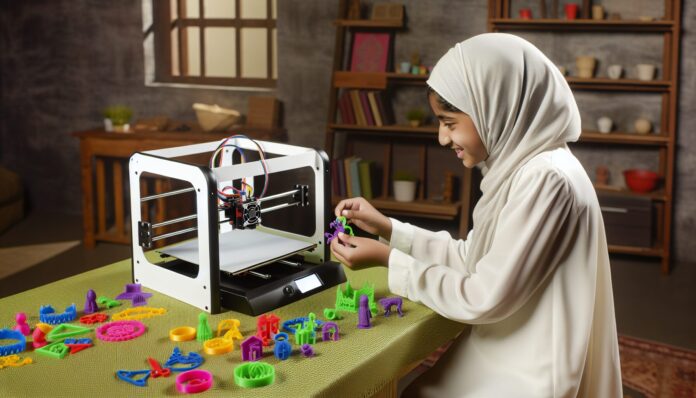 Seven-Year-Old Girl Turns 3D Printing Hobby into Toy Business High-resolution realistic photograph of a young girl using a desktop 3D printer at home to create colorful toys, with printed toys displayed on a table in a real home environment. Avoid futuristic or stylized elements.