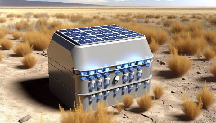 This Portable, 3D-Printed Device Can Pull Drinking Water Out of Thin Air High-resolution realistic photograph of a compact, solar-powered 3D-printed device collecting water in a dry, outdoor environment. The device should appear functional and real, similar to existing press images of water-harvesting technologies. Avoid futuristic or stylized elements.