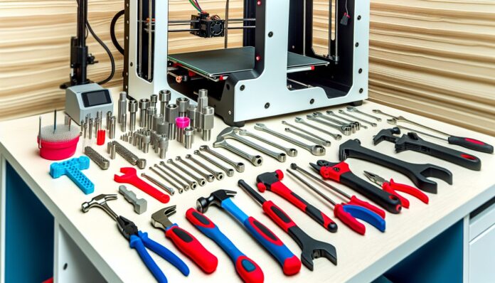 Top Prime Day Deals on 3D Printer Maintenance Tools You Can Still Grab High-resolution realistic photograph of 3D printer maintenance tools from HOTO, Creality, and Wera arranged on a workbench next to a 3D printer, photographed in a real environment, matching the look of existing press images about the same. Avoid futuristic or stylized elements.