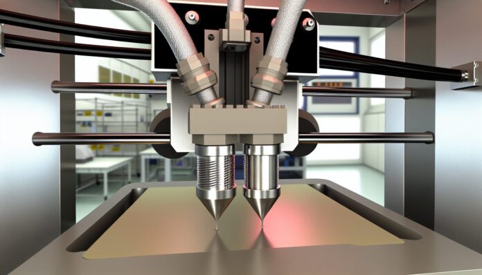 High-resolution realistic photograph of a dual-material 3D printing nozzle in action, mounted on an industrial 3D printer, extruding two different materials simultaneously in a lab environment. Avoid futuristic or stylized elements.