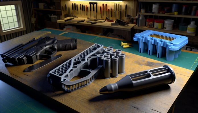 High-resolution realistic photograph of a 3D-printed firearm and ammunition on a workbench in a home workshop, photographed in a real environment, matching the look of existing press images about the same case. Avoid futuristic or stylized elements.