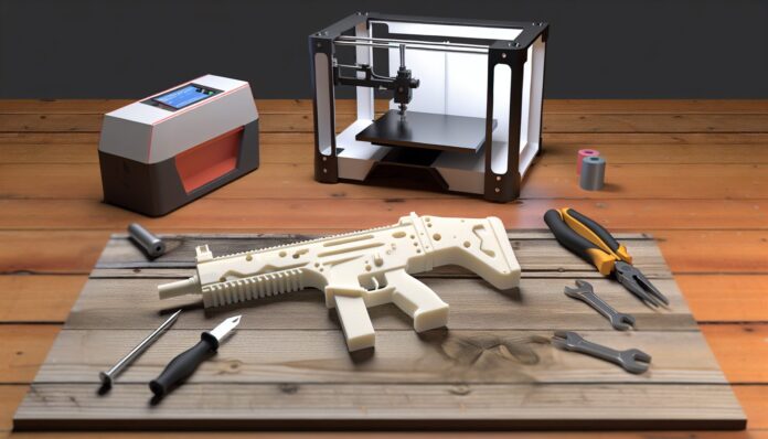 High-resolution realistic photograph of a 3D-printed full-auto bullpup ghost gun placed on a wooden workbench with tools and 3D printer in the background, photographed in a real environment, matching the look of existing press images about the same topic. Avoid futuristic or stylized elements.