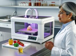 High-resolution realistic photograph of a 3D food printer in action, printing a gourmet meal in a kitchen or lab setting. Avoid futuristic or stylized elements.