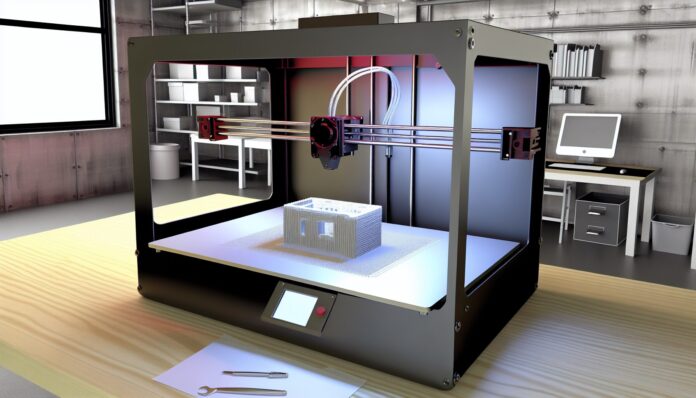 High-resolution realistic photograph of a desktop 3D printer mid-print with visible imperfections or failed print layers, photographed in a real workshop or home office environment. Avoid futuristic or stylized elements.