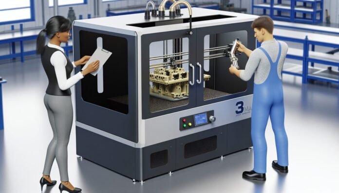 High-resolution realistic photograph of Additive Industries MetalFAB 420K metal 3D printer in an industrial setting, showing the machine in operation or being inspected by engineers. Avoid futuristic or stylized elements.