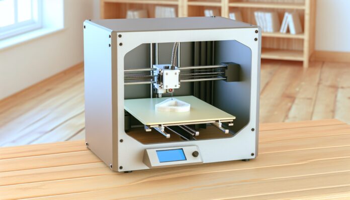 High-resolution realistic photograph of a budget 3D printer like the Creality Ender 3 V2 or Anycubic Kobra Go, placed on a desk in a home or workshop setting, with a partially printed object on the build plate. Avoid futuristic or stylized elements.