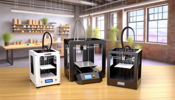 High-resolution realistic photograph of Creality, Anycubic, and Flashforge 3D printers on a desk or workshop table, photographed in a real environment, matching the look of existing press images about the same. Avoid futuristic or stylized elements.