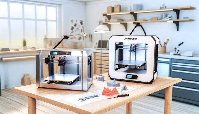 High-resolution realistic photograph of Anycubic Photon Mono M5s and Kobra 2 Pro 3D printers on a workbench in a well-lit home workshop, with accessories and printed models nearby. Avoid futuristic or stylized elements.