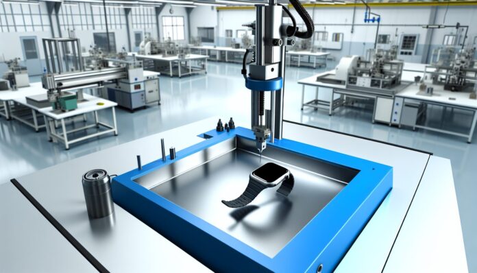 High-resolution realistic photograph of an Apple Watch being manufactured using 3D printing technology in a clean, industrial setting, matching the look of existing press images about Apple Watch production. Avoid futuristic or stylized elements.