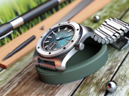 High-resolution realistic photograph of Apple Watch Ultra with 3D-printed titanium case, photographed in a real environment, matching the look of existing press images about the same product. Avoid futuristic or stylized elements.