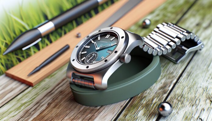 High-resolution realistic photograph of Apple Watch Ultra with 3D-printed titanium case, photographed in a real environment, matching the look of existing press images about the same product. Avoid futuristic or stylized elements.