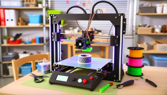High-resolution realistic photograph of the Bambu Lab A1 Combo 3D printer in a home workshop or desktop setting, showing the printer in action with multi-color filament spools. Avoid futuristic or stylized elements.
