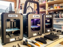 High-resolution realistic photograph of Bambu Lab 3D printers (X1 Carbon, P1S, A1 Combo) on a workbench in a well-lit home workshop or maker space, showing accessories and filament spools. Avoid futuristic or stylized elements.