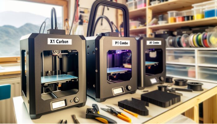 High-resolution realistic photograph of Bambu Lab 3D printers (X1 Carbon, P1S, A1 Combo) on a workbench in a well-lit home workshop or maker space, showing accessories and filament spools. Avoid futuristic or stylized elements.