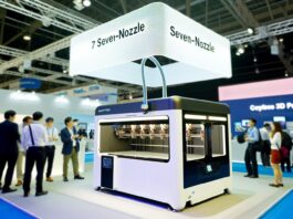 Bambu Lab Unveils H2C: A Powerful Seven-Nozzle 3D Printer at Formnext High-resolution realistic photograph of Bambu Lab H2C seven-nozzle 3D printer on display at Formnext 2023, in a well-lit exhibition booth with visible branding and attendees observing the machine. Avoid futuristic or stylized elements.