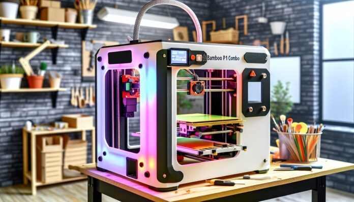High-resolution realistic photograph of the Bambu P1S Combo 3D Printer with AMS module, placed on a workbench in a well-lit maker studio, showing a multi-color print in progress. Avoid futuristic or stylized elements.