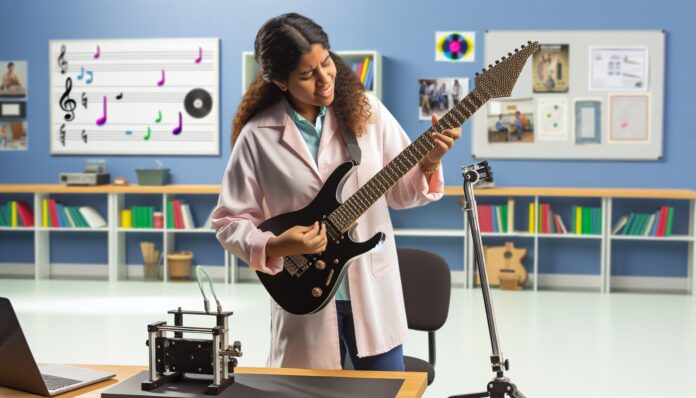 High-resolution realistic photograph of a student holding or playing a 3D-printed electric guitar in a university lab or music room, photographed in a real environment, matching the look of existing press images about the same project. Avoid futuristic or stylized elements.
