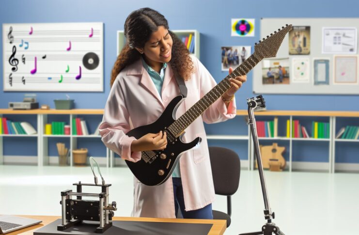 High-resolution realistic photograph of a student holding or playing a 3D-printed electric guitar in a university lab or music room, photographed in a real environment, matching the look of existing press images about the same project. Avoid futuristic or stylized elements.
