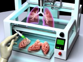 High-resolution realistic photograph of a 3D bioprinter printing lung-like tissue structures in a laboratory setting, with visible human lung cells and hydrogel material. Photographed in a real environment, matching the look of existing press images about the same research. Avoid futuristic or stylized elements.
